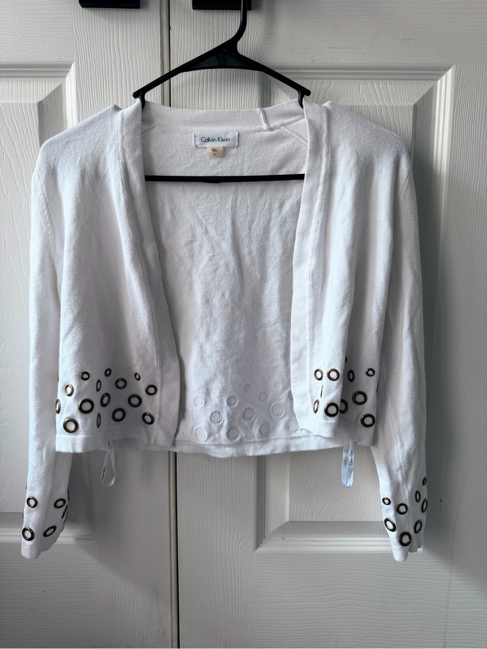 Calvin Klein White Open-Front Cropped Cardigan with Grommet Accents